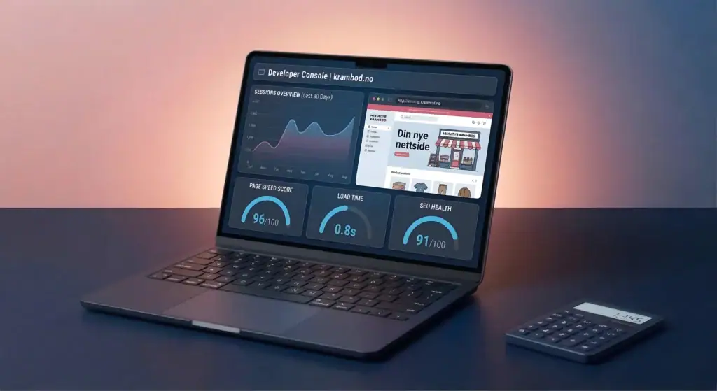 Laptop med nettsideanalyse og utviklingsverktøy for bedrifter i Oslo.